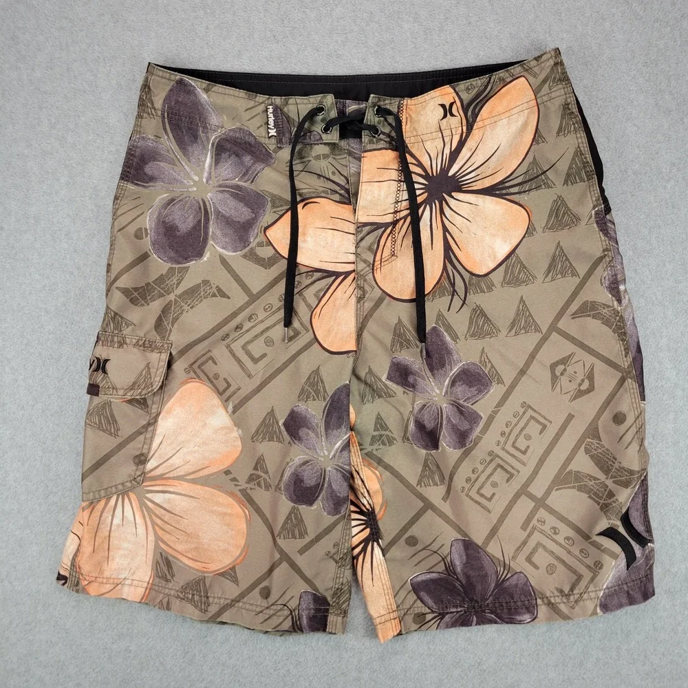 Hurley Board Shorts Mens 34 Olive Orange Floral Embroidered Logo Y2K